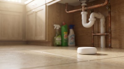 Smart water leak sensor under a kitchen sink in a Florida home