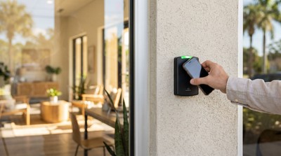 Employee using keycard on access control reader at Florida office