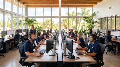 Wide view of UL Listed monitoring center with multiple Dehart operators at workstations