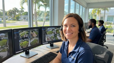 Friendly Dehart monitoring operator at her desk in a sunny Florida office