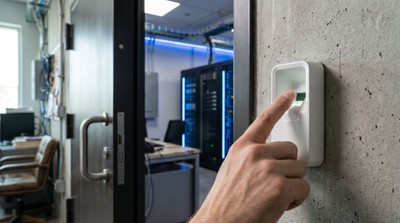 Biometric fingerprint reader on a high-security door