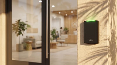 Black card reader at the glass entrance of a Sarasota professional office