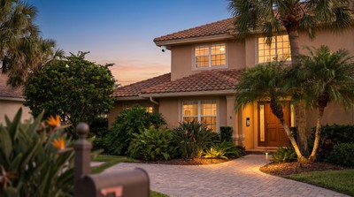 Upper-middle-class Florida home at golden hour with smart home features