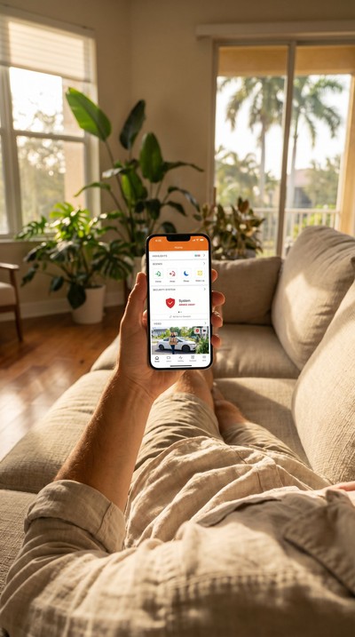 Florida homeowner controlling their smart home from the Alarm.com app
