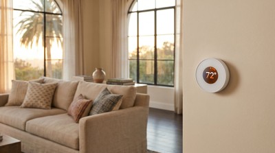 Smart thermostat on wall in a bright Florida living room