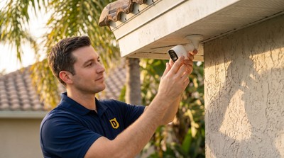 Dehart technician installing a security camera on a Florida property