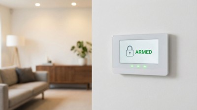 Modern home security control panel mounted on a white wall showing armed status with green indicator lights