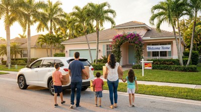 Florida home with palm trees and a moving truck out front