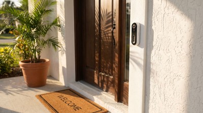 Video doorbell camera at the front door of a Florida home
