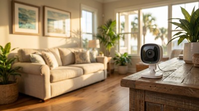 Alarm.com indoor security camera in a coastal Sarasota living room