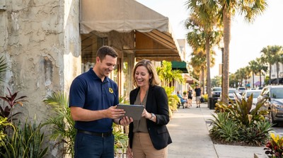 Dehart technician with a Florida small-business owner outside their storefront