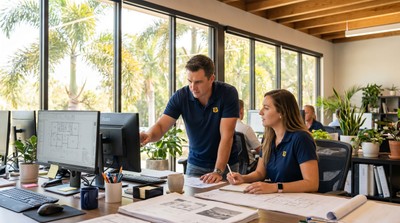 Dehart team collaborating in a bright open-plan Florida office