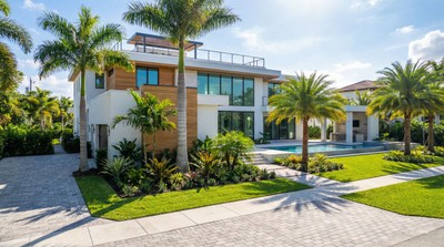 Brand new modern Florida home exterior with fresh landscaping and palm trees, ready for security system installation