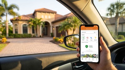 Phone showing welcome home notification as homeowner arrives at Florida home
