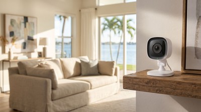 Alarm.com indoor security camera in a contemporary Tampa Bay living room