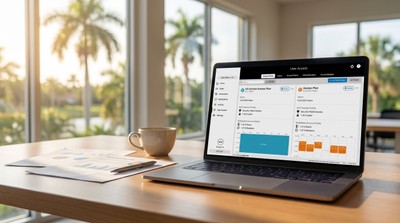 Automated security reporting dashboard on a laptop in a Sarasota office