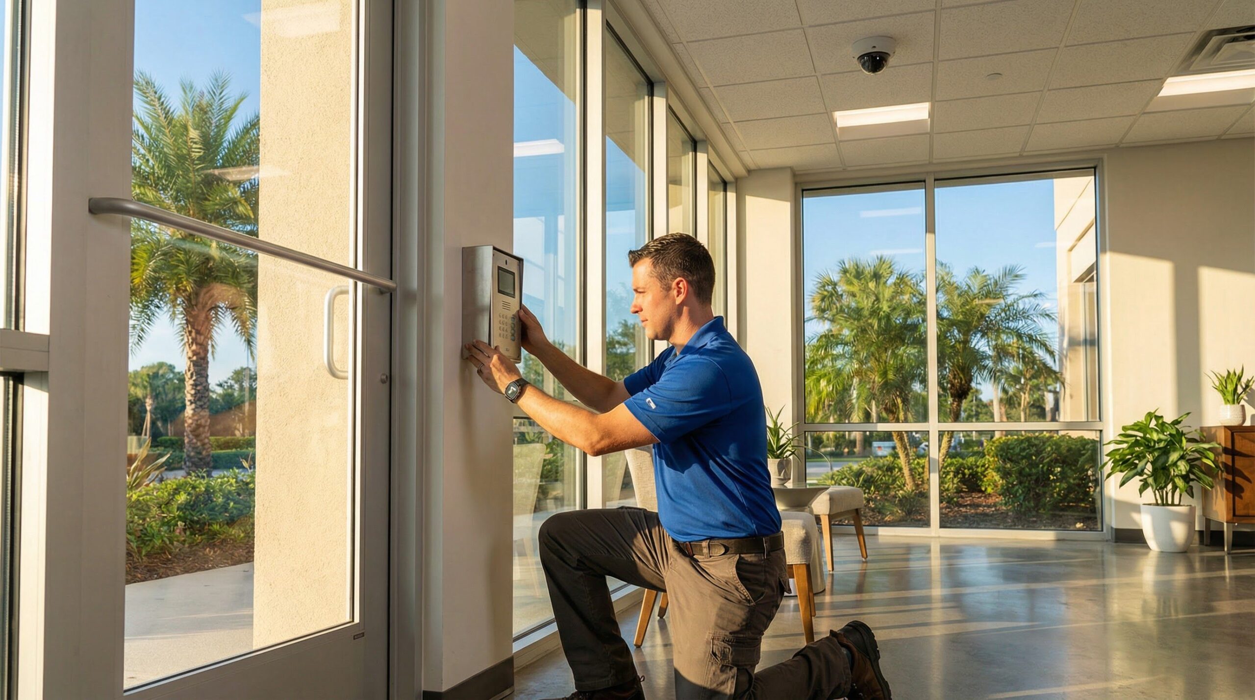 Security technician installing a commercial access control panel in a Florida office building