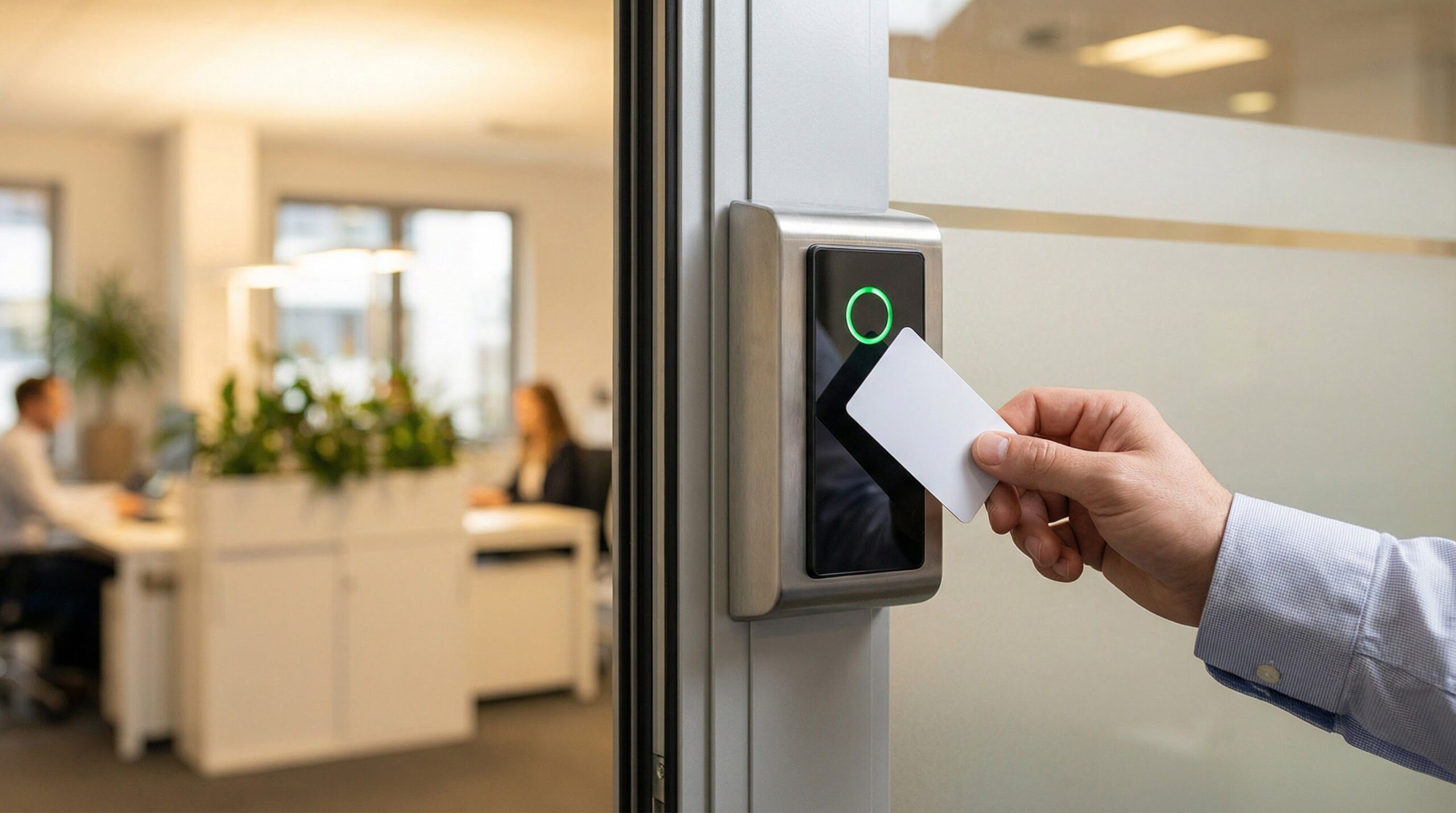 Employee using a keycard access control panel at a modern office entrance