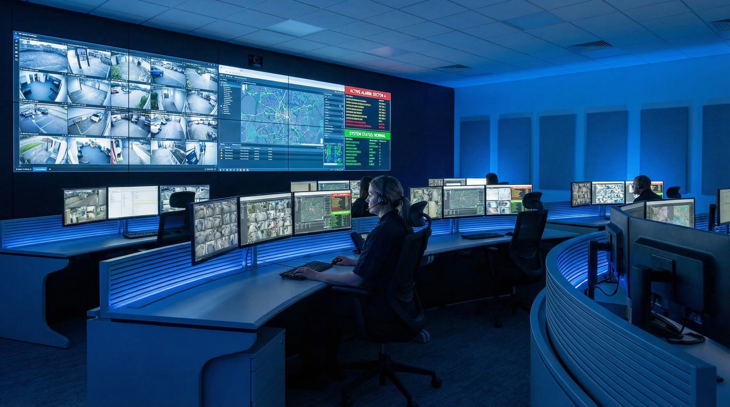Interior of a professional 24/7 alarm monitoring center with operators and display screens