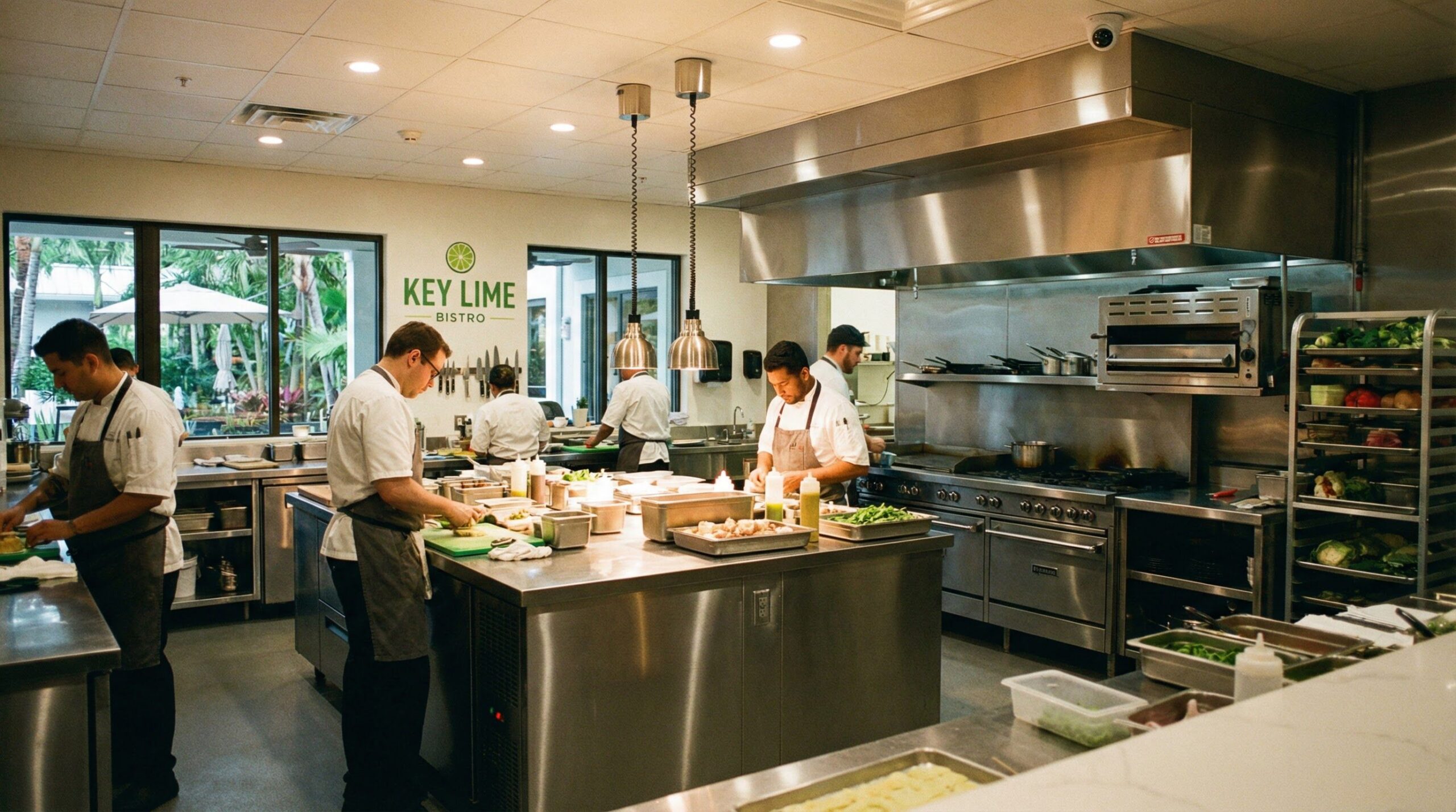 Security camera monitoring a commercial restaurant kitchen in Florida