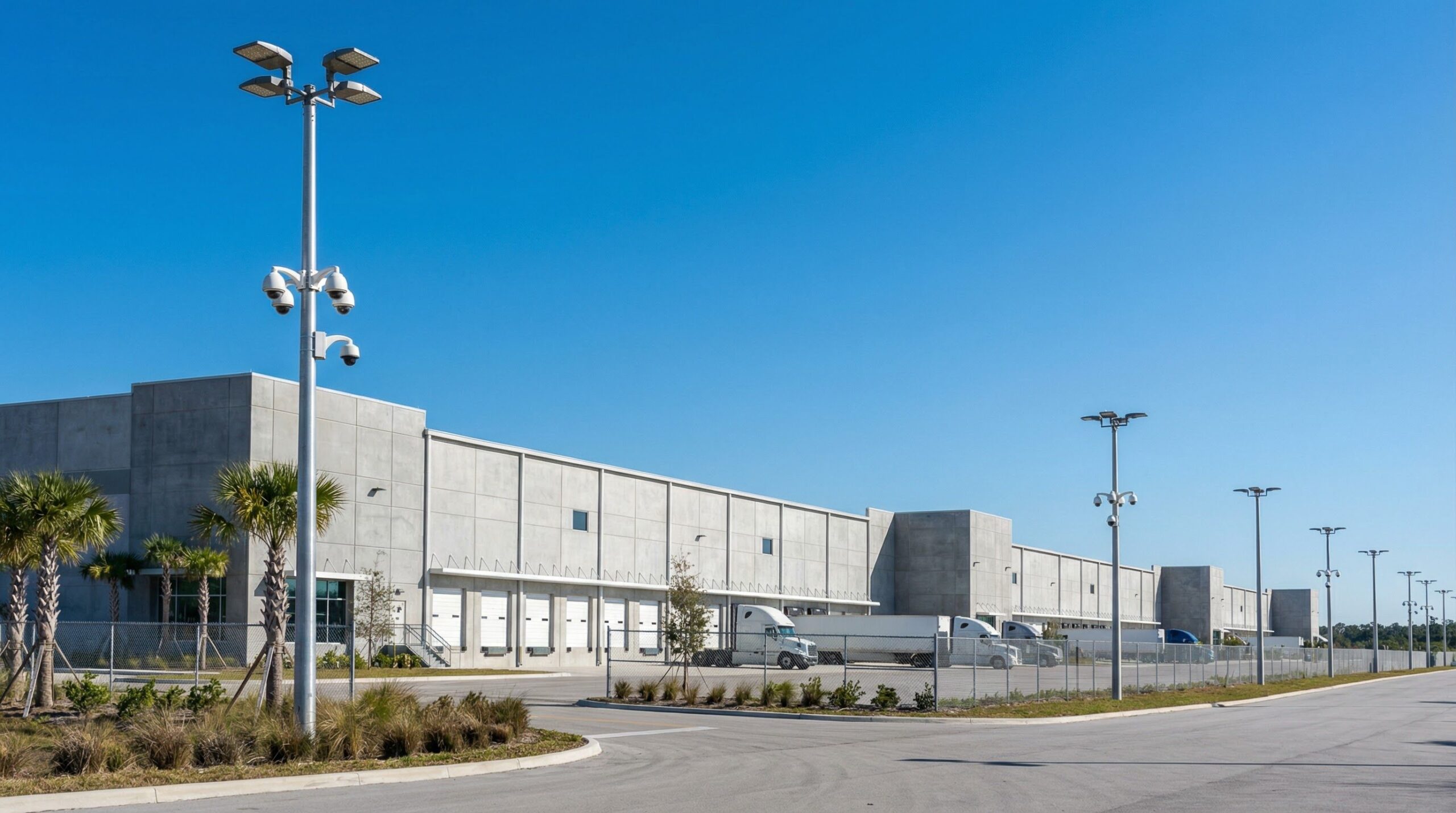 Commercial warehouse facility with security cameras and perimeter protection in Florida