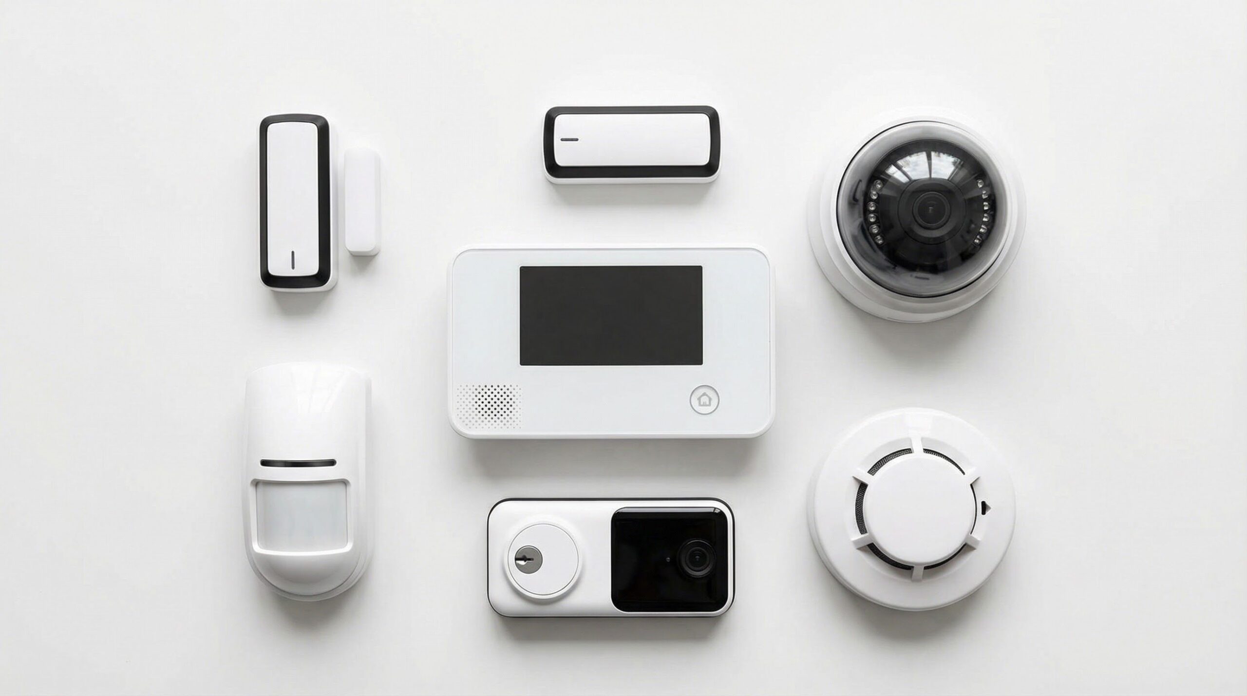 Home security equipment including panel, door sensors, motion detector, camera, smart lock, and smoke detector