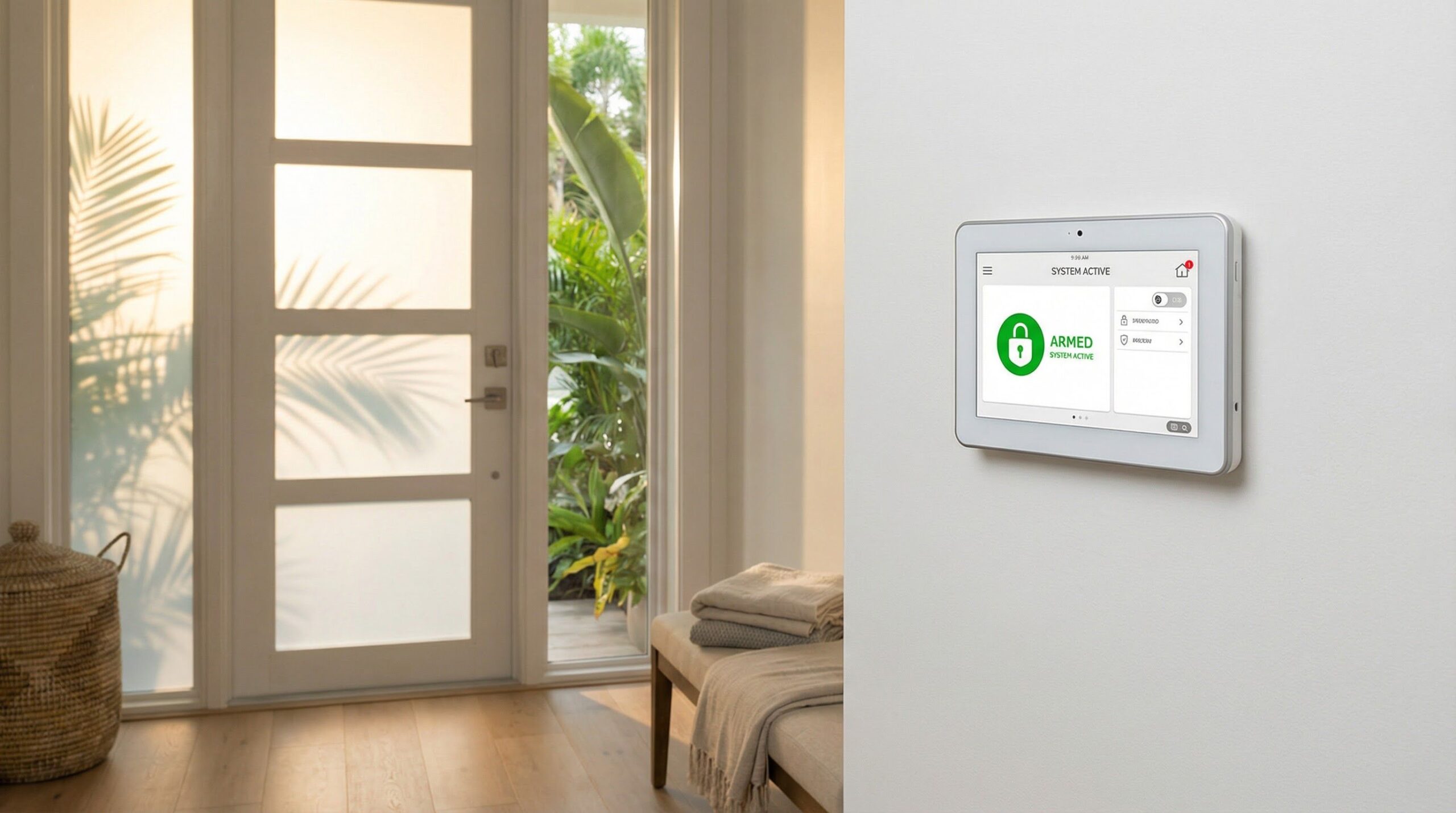 Modern home security control panel touchscreen in a bright Florida home entryway