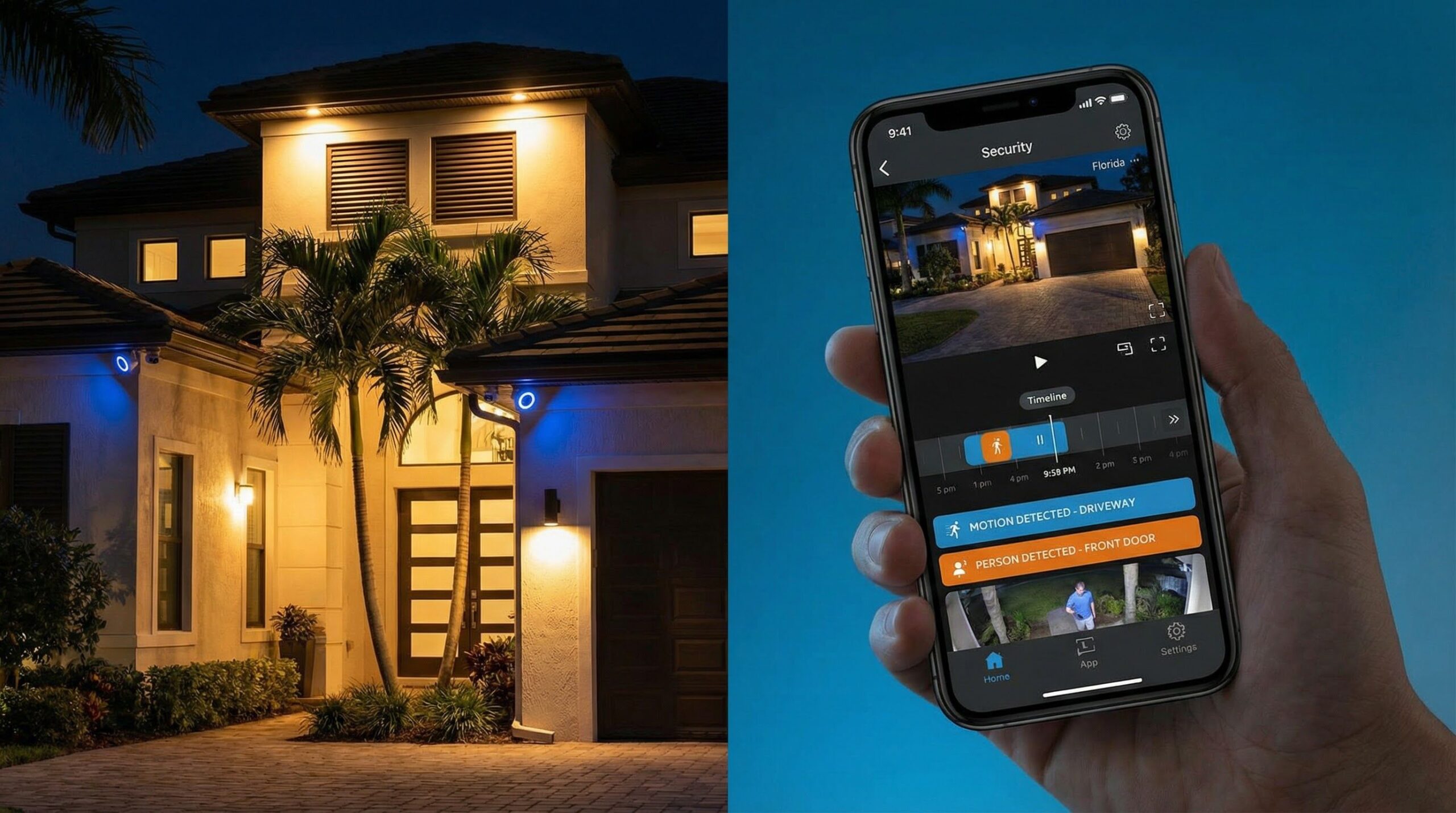Florida home with security cameras at night and smartphone showing security app alerts
