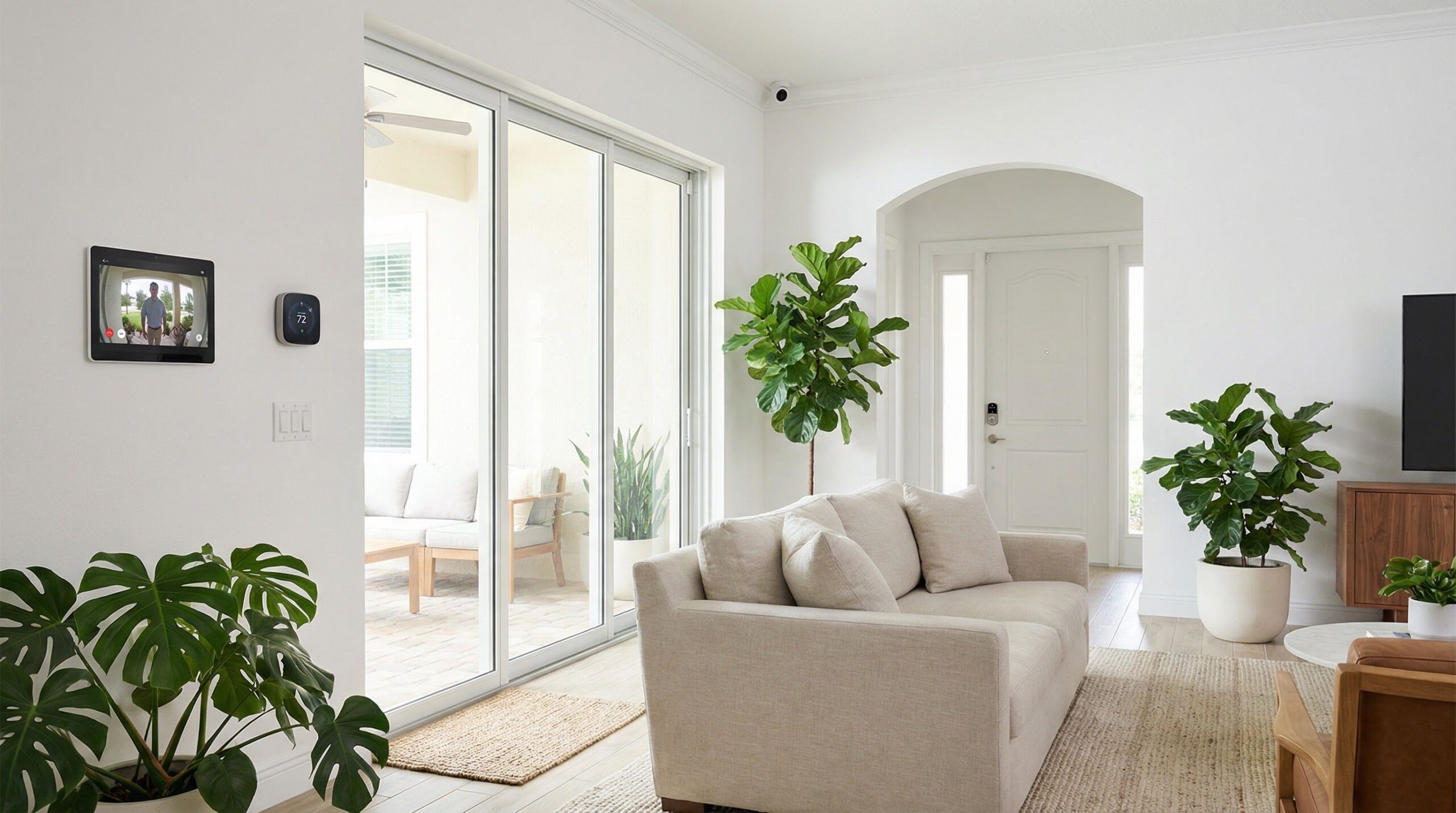 Modern Florida living room with smart home security features including doorbell camera, smart thermostat, and smart lock